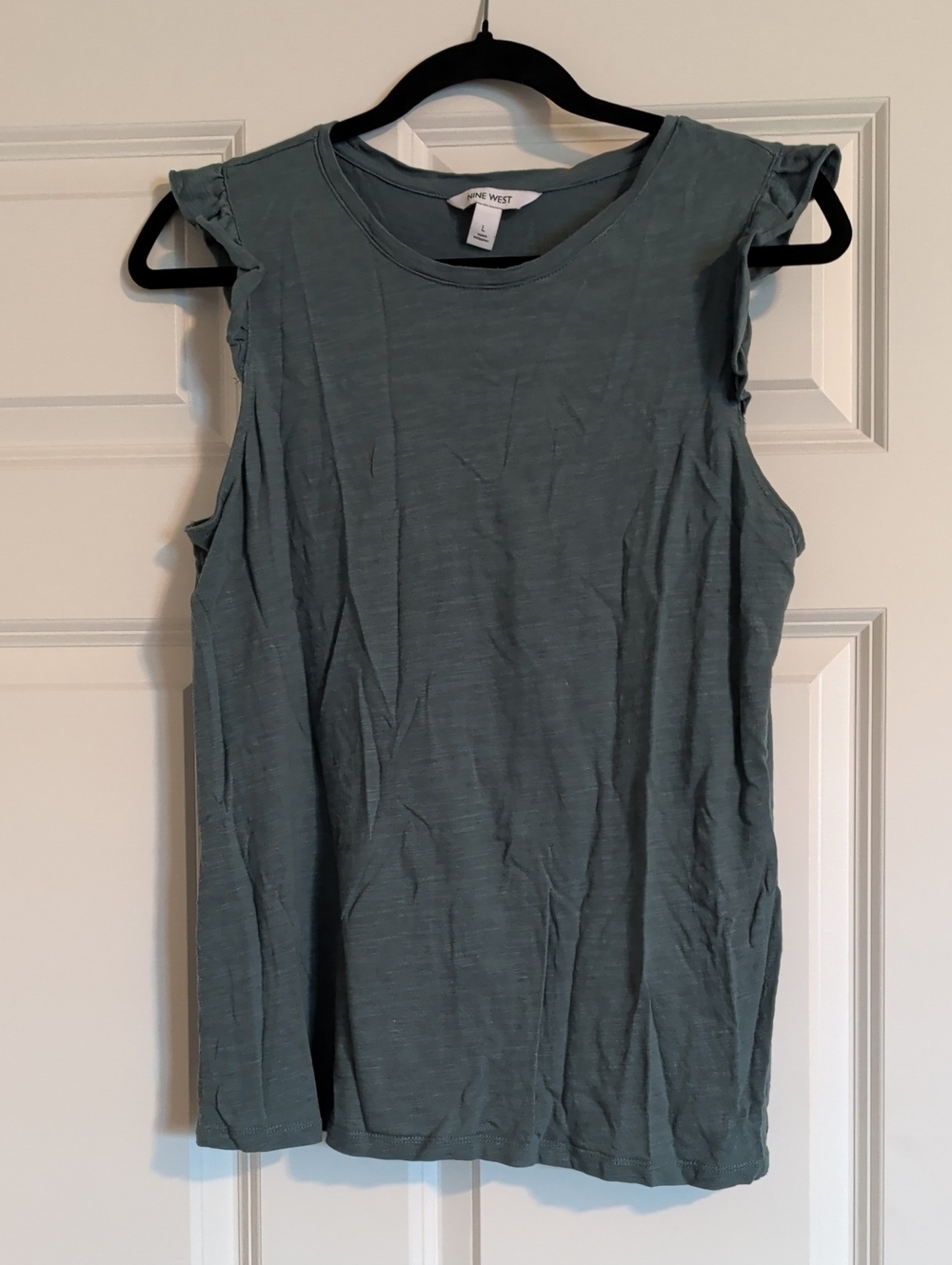 Nine West Slate Green Ruffle Shoulder Tank Top